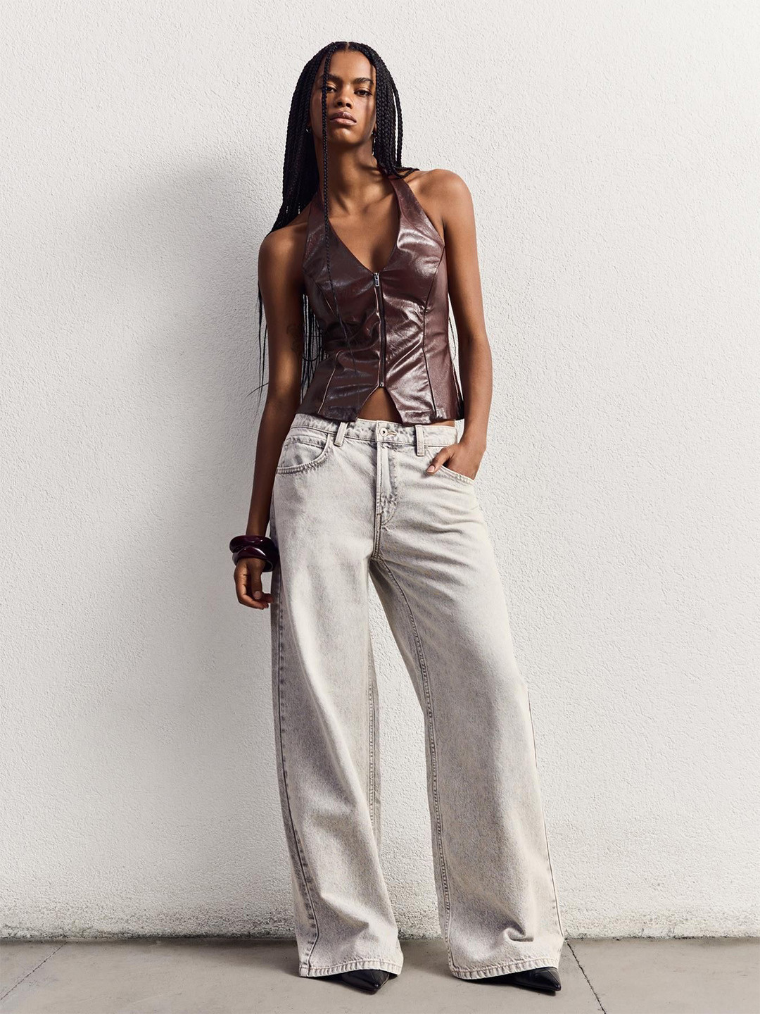 Bershka Women Sleeveless Leather Effect Halter Neck  Top with Zip