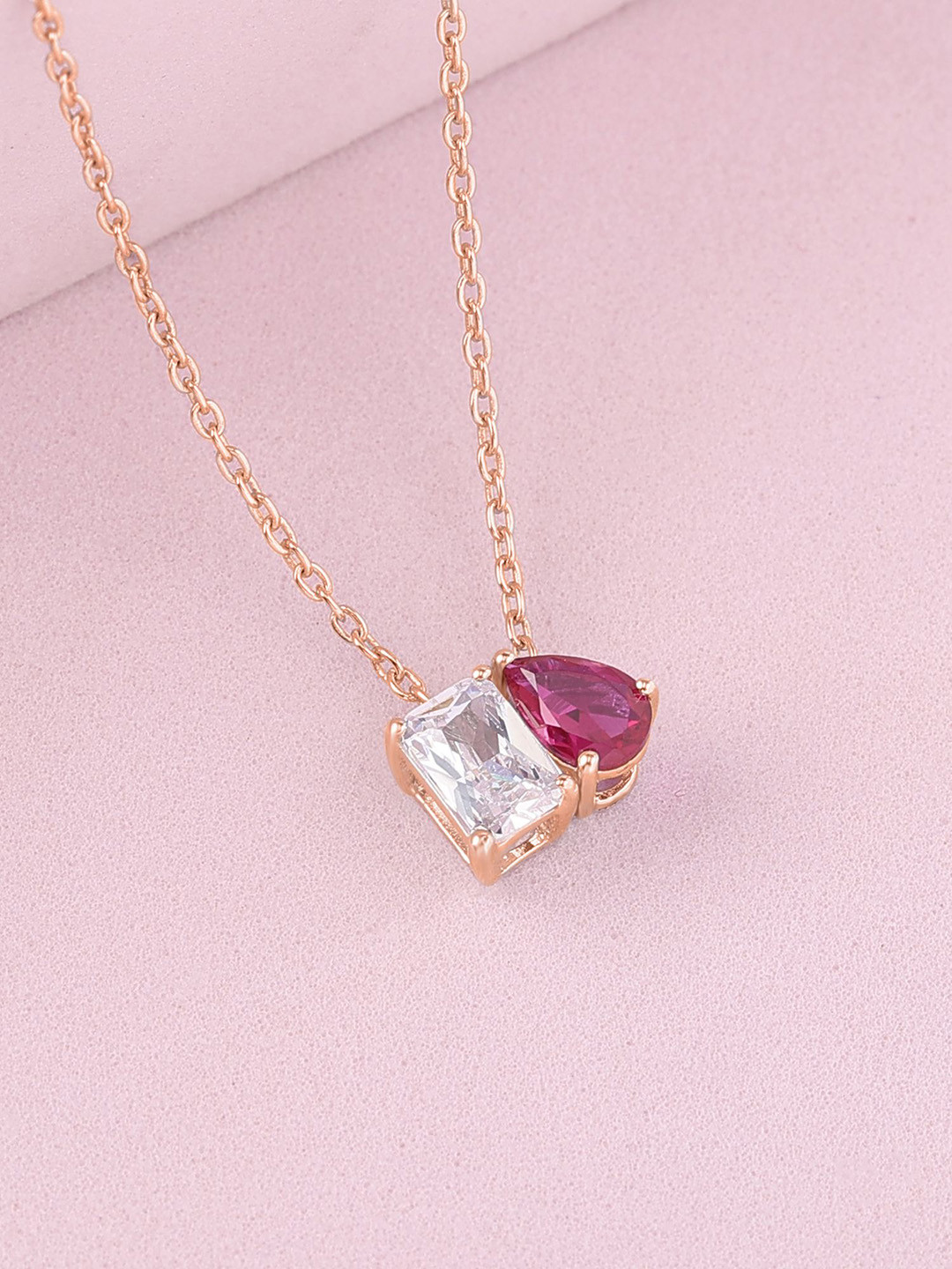 Ornate Jewels 925 Sterling Silver Rose Gold-Plated Faux Ruby Studded Pendants with Chains