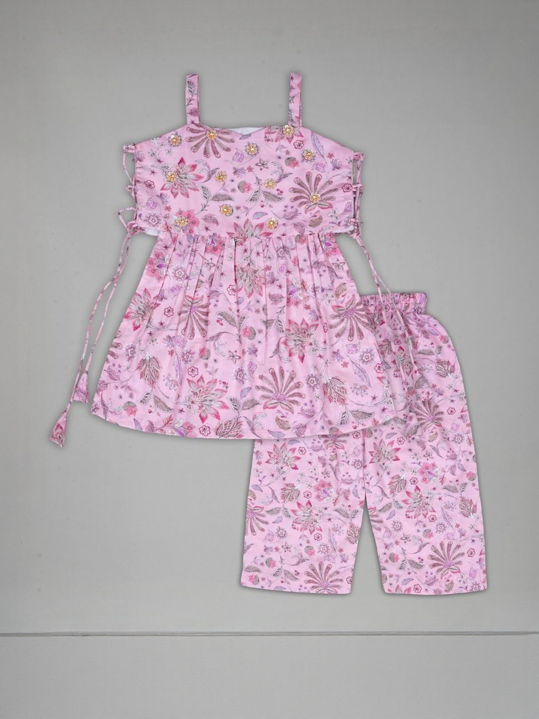 IRSIABaby Pink Floral Printed Side Closure Kurti Set