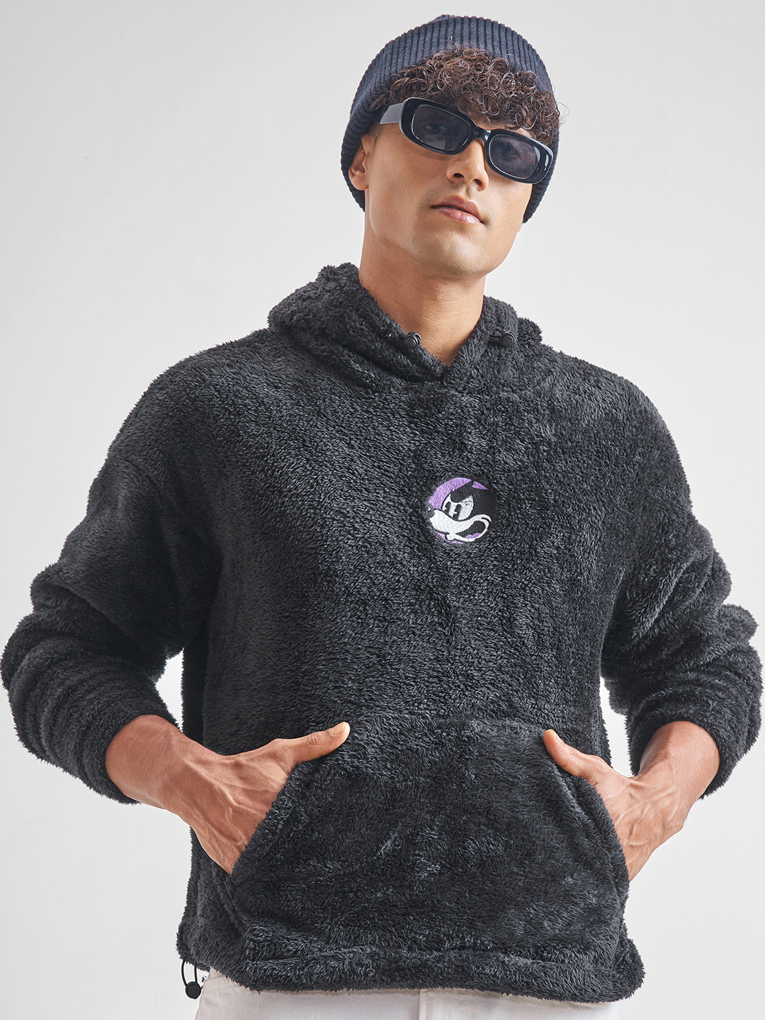 HIGHLANDER Self Design Over Sized Drop Shoulder Hooded Neck Pullover Sweatshirt