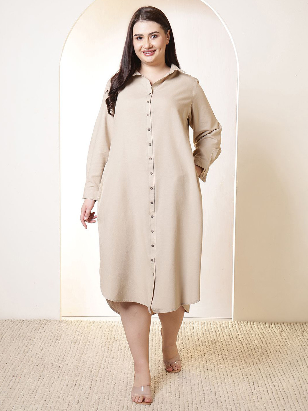 Amydus Women Plus Size Beige Cotton Linen Shirt Midi Dress