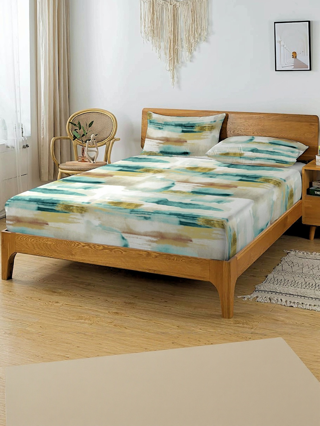 HIDECOR Blue & White Colorblocked 210 TC King Bedsheet with 2 Pillow Covers