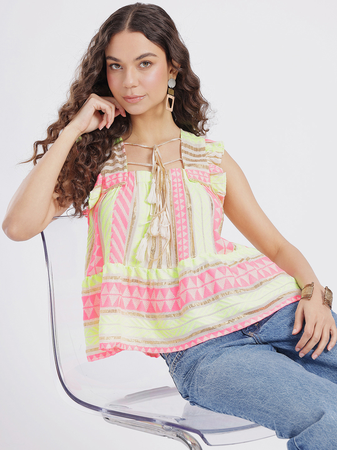 fusion by glitchez Self Design Geometric Square Neck Tiered Top