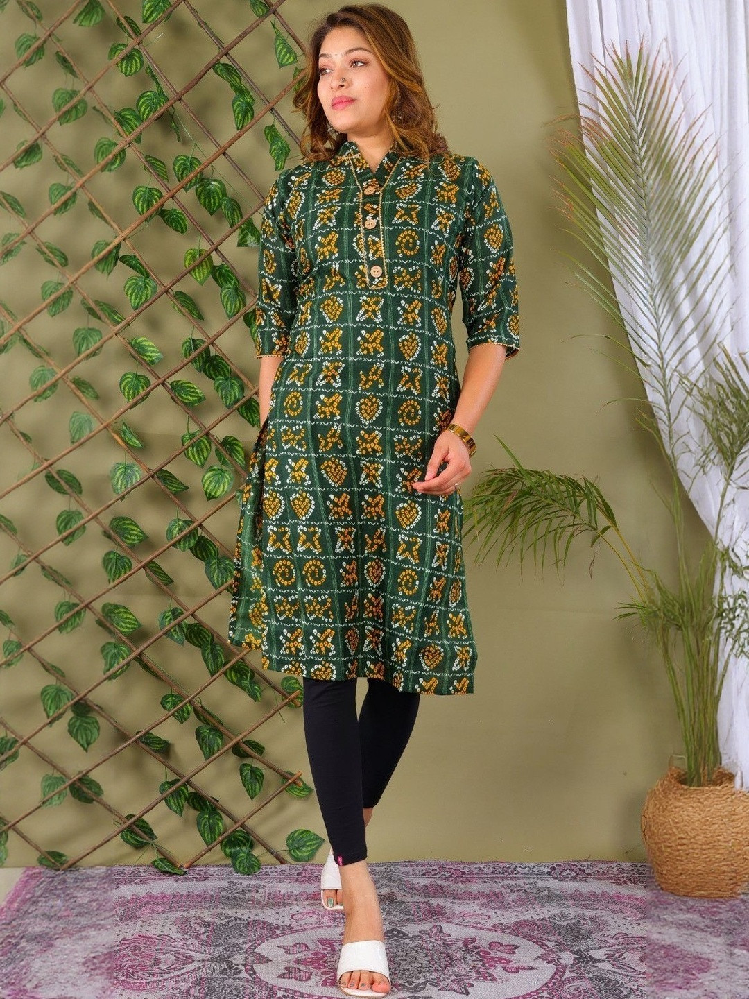 PARTH STYL FASHION Women Green Bandhani Printed Mandarin Collar Kurta