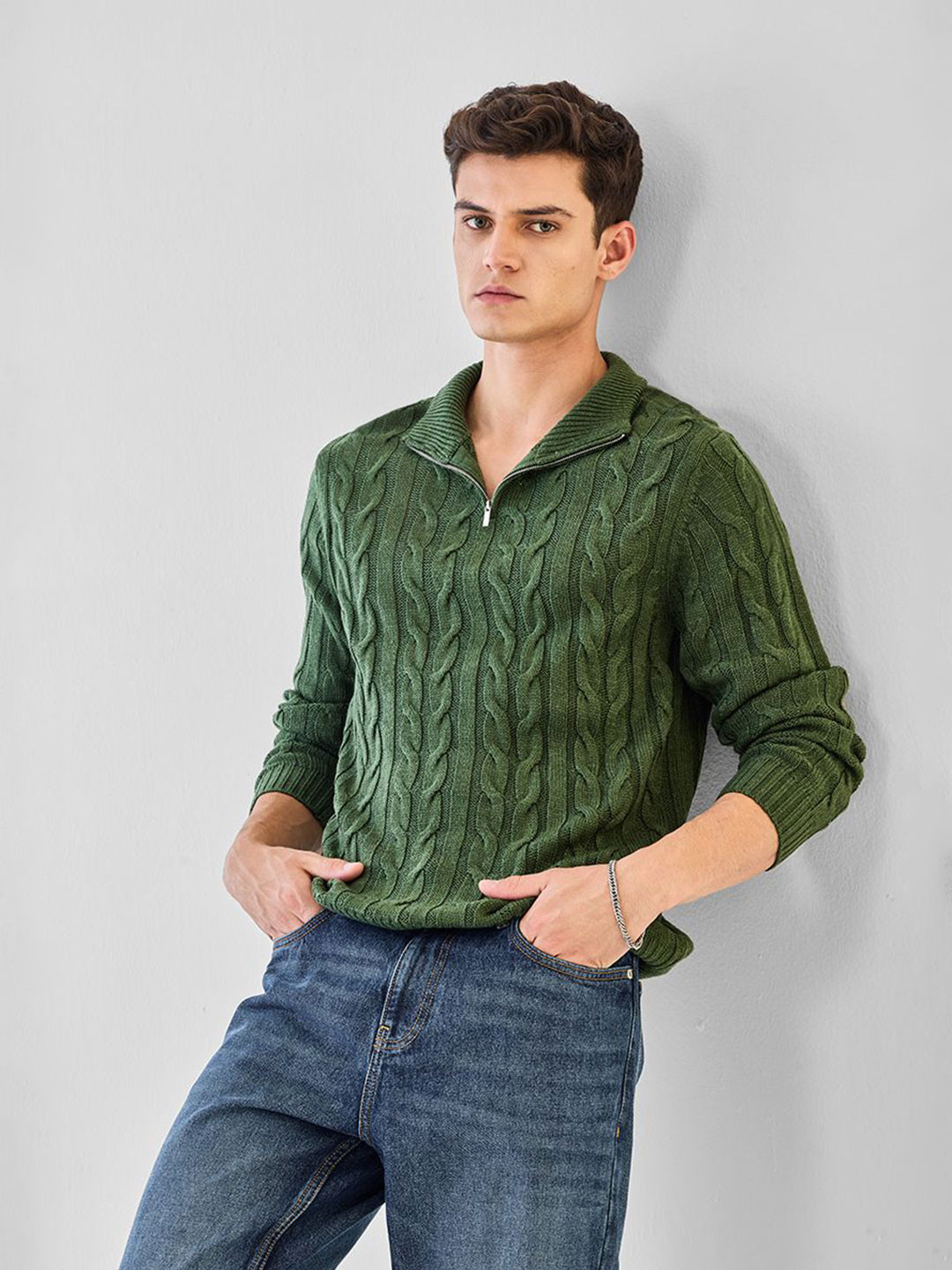 Snitch Men Dark Green Cable Knit Sweaters
