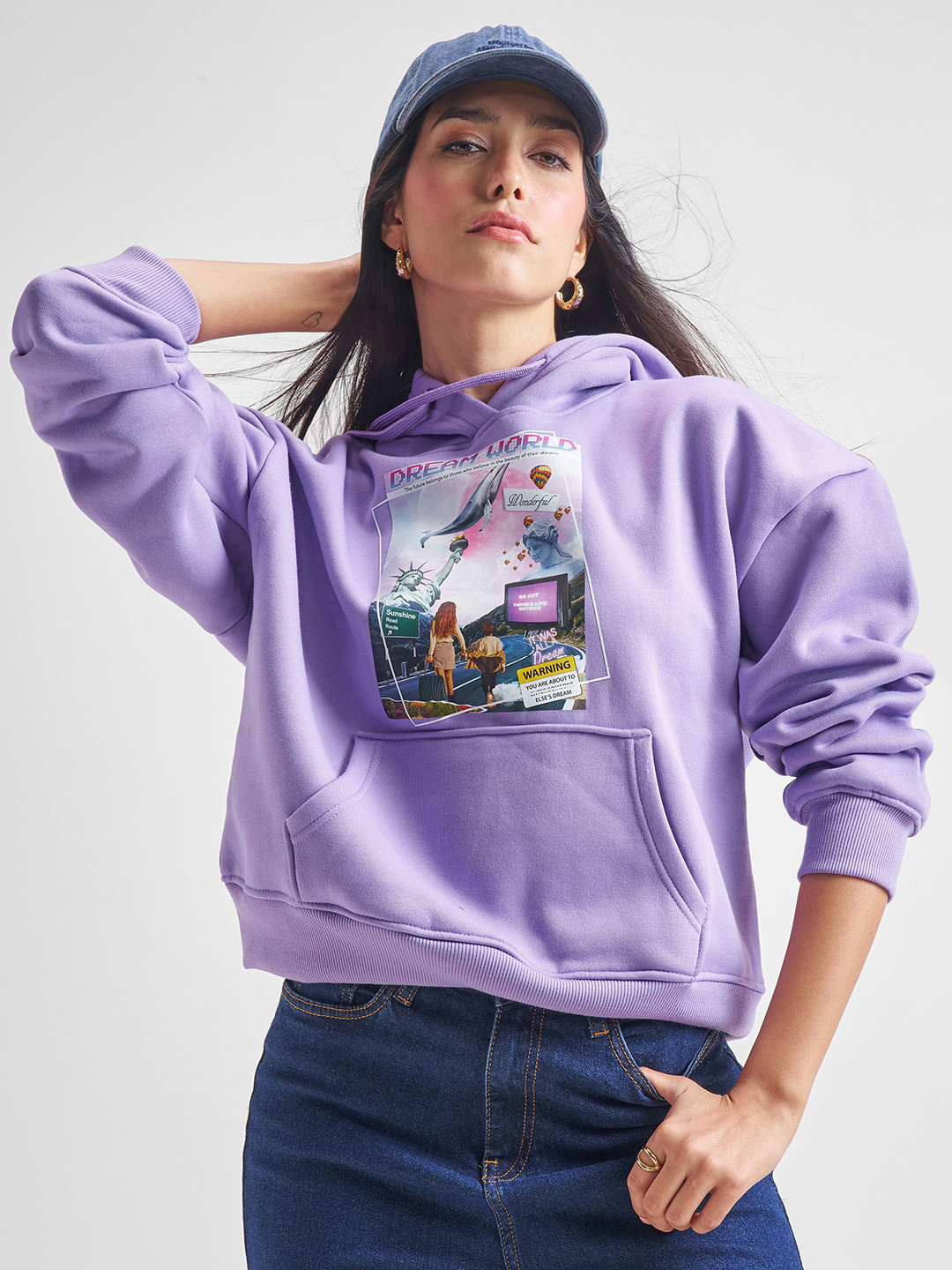 Tokyo Talkies Purple Graphic Printed Hooded Pullover Sweatshirt