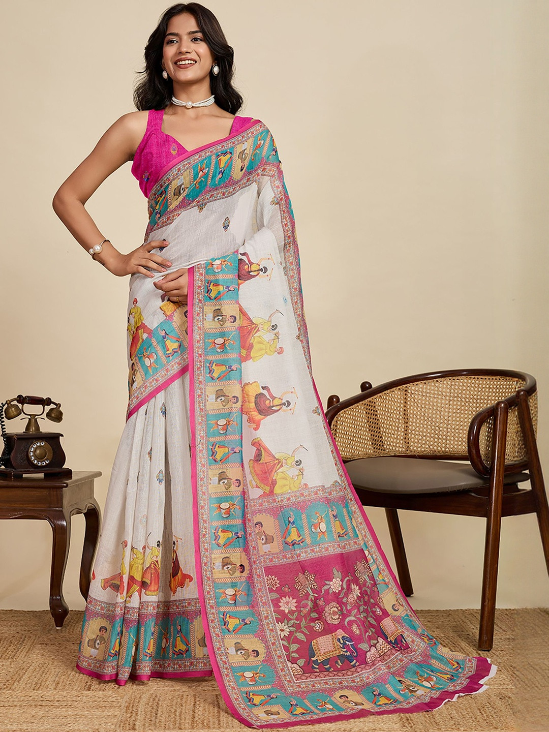 KALINI Women White Printed Designer Linen Saree