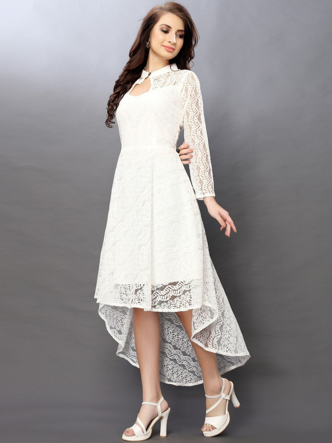 HIALTO Women White Coding Net With Inner High Low Dress