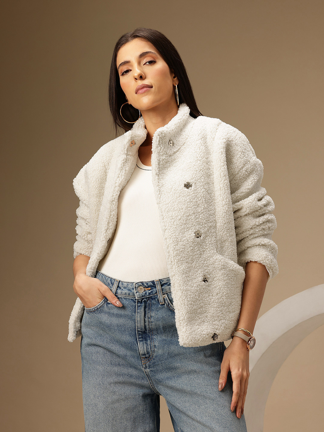 Chemistry Mock Collar Sheen Effect Sherpa Jacket