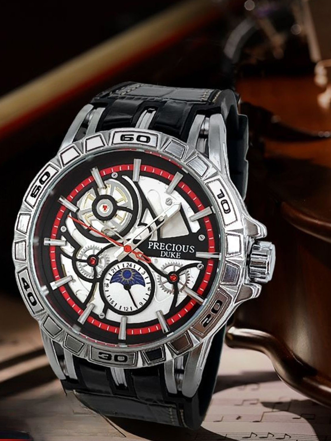Precious Duke Men Skeleton Dial & Leather Straps Analogue Watch PD_897248815884_Red_88