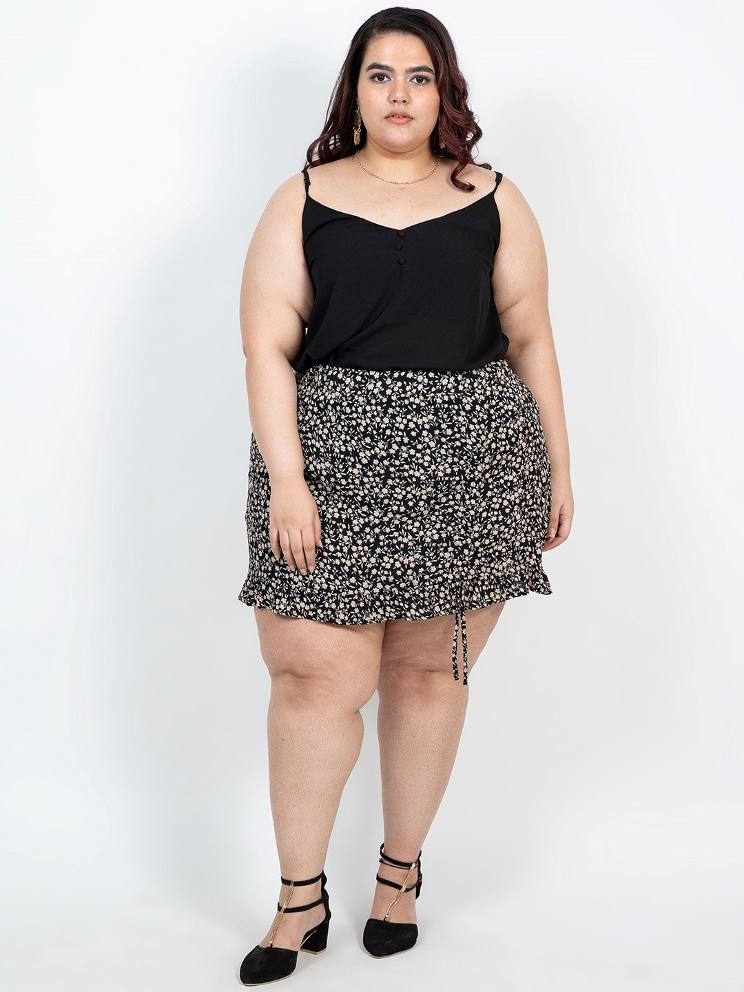 XOXO Cherry Printed Plus Size Monochrome Pencil Mini Skirt