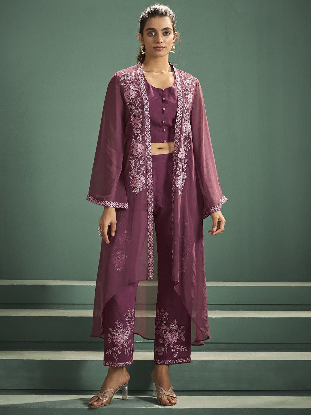 AUTUMN LANE Kimaya Jam Embroidered Round Neck Top & Trousers With Shrug Co-Ords