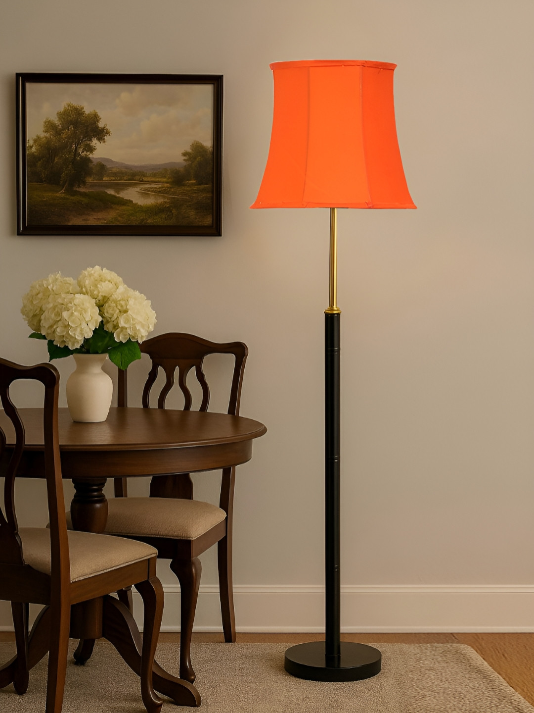 Devansh Orange-Colored & Black Soft Back Cotton Shade With Wooden Base Floor Lamp