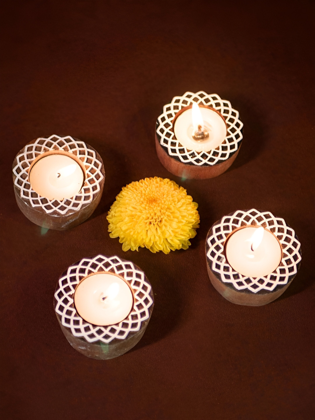 Peepul Tree 4Pcs Brown & White Textured Wooden Tea Light Candle Holders