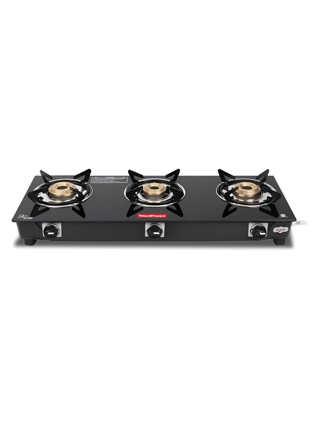 Hindflame 3 Burner Straight Line Black Toughened Glass Manual Gas Stove