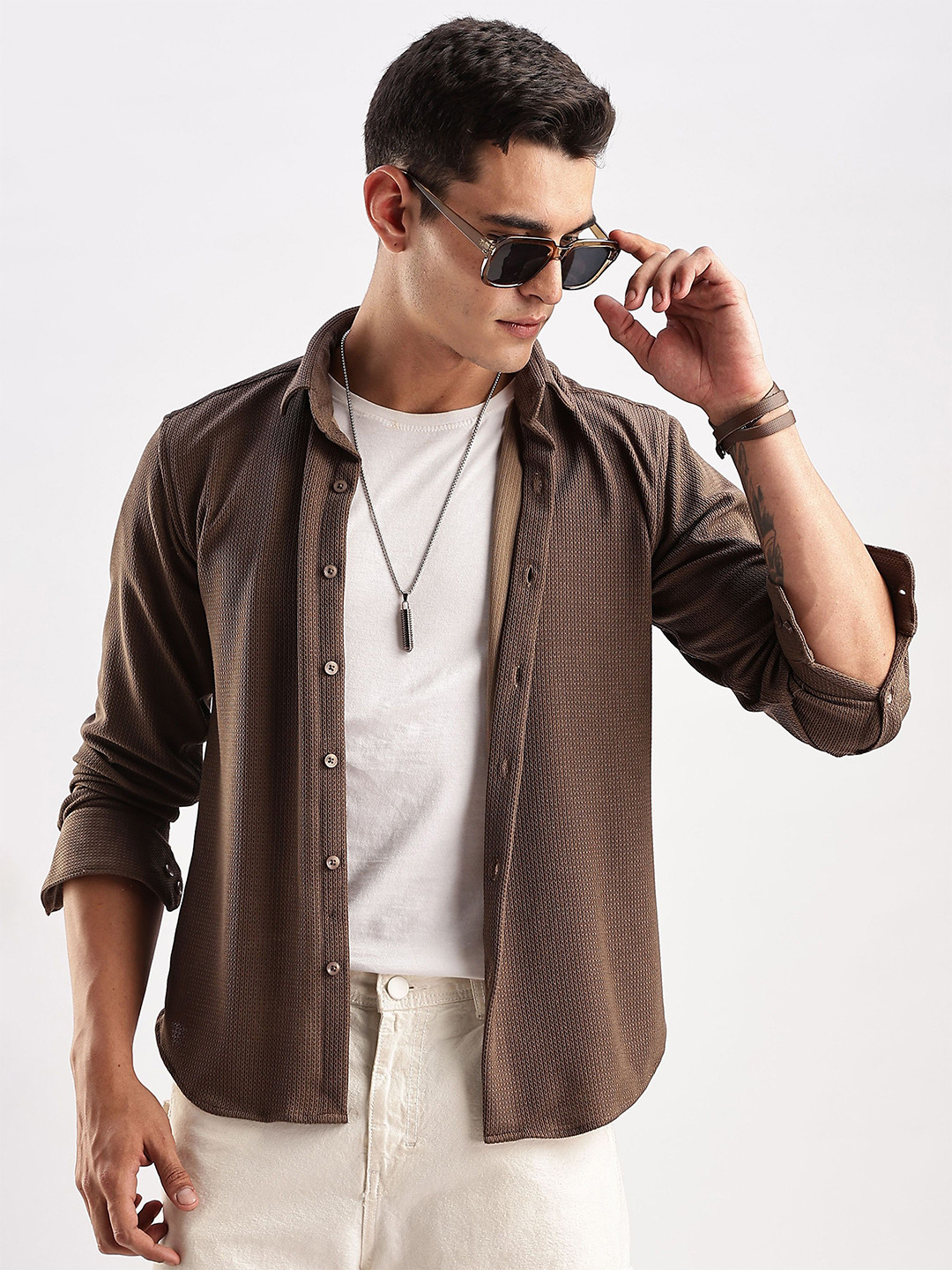 NEVER NEUD Men Honeycomb TXO Regular Slim Fit Casual Shirt