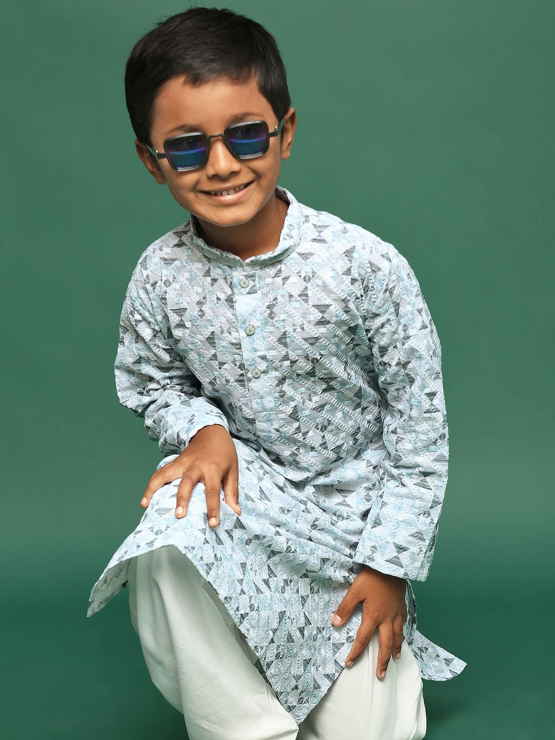 Sangria Kids Boys Blue Floral Printed Chikankari Kurta with Salwar