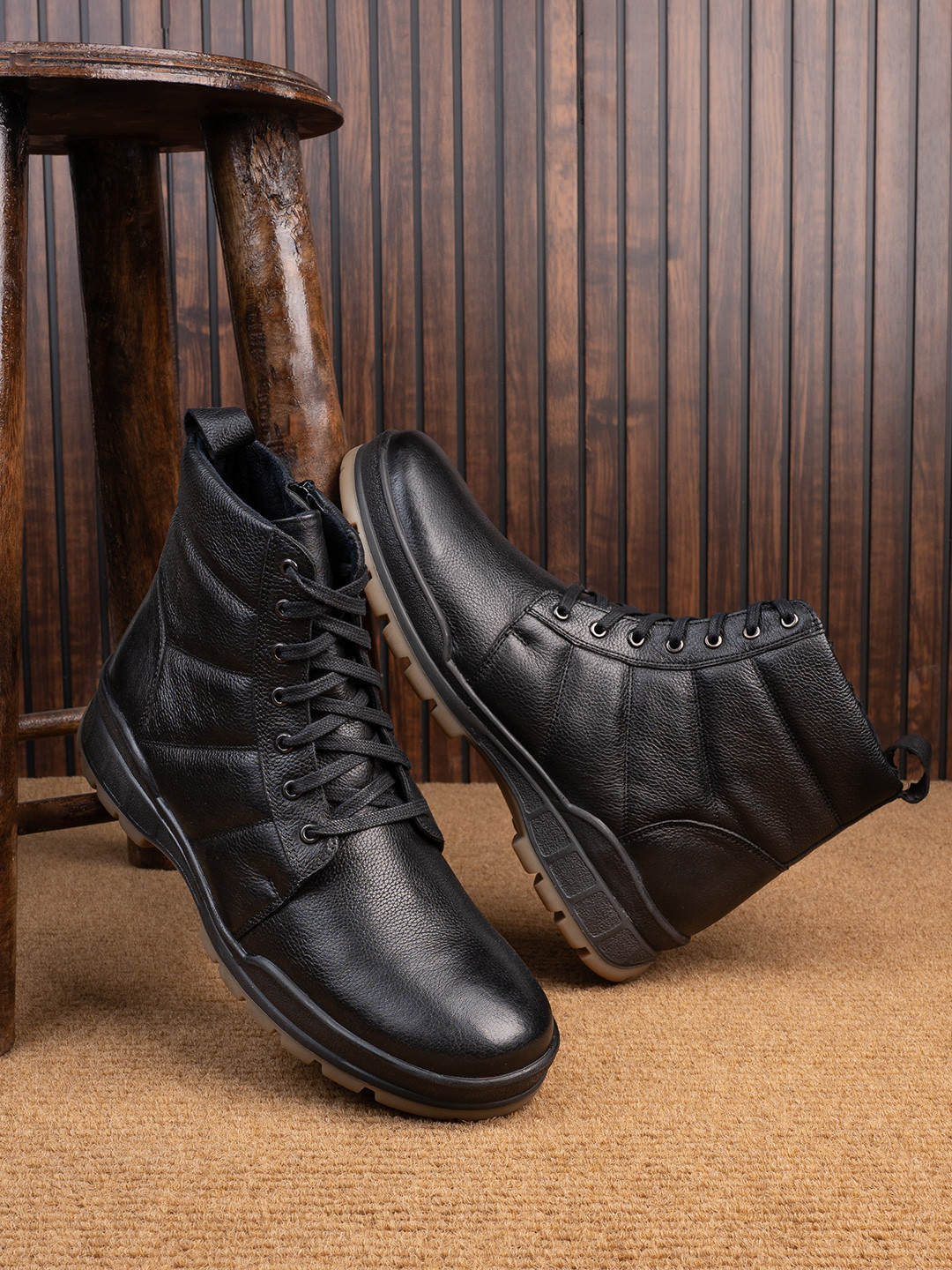 Delize Men Round Toe Leather Derby Boots