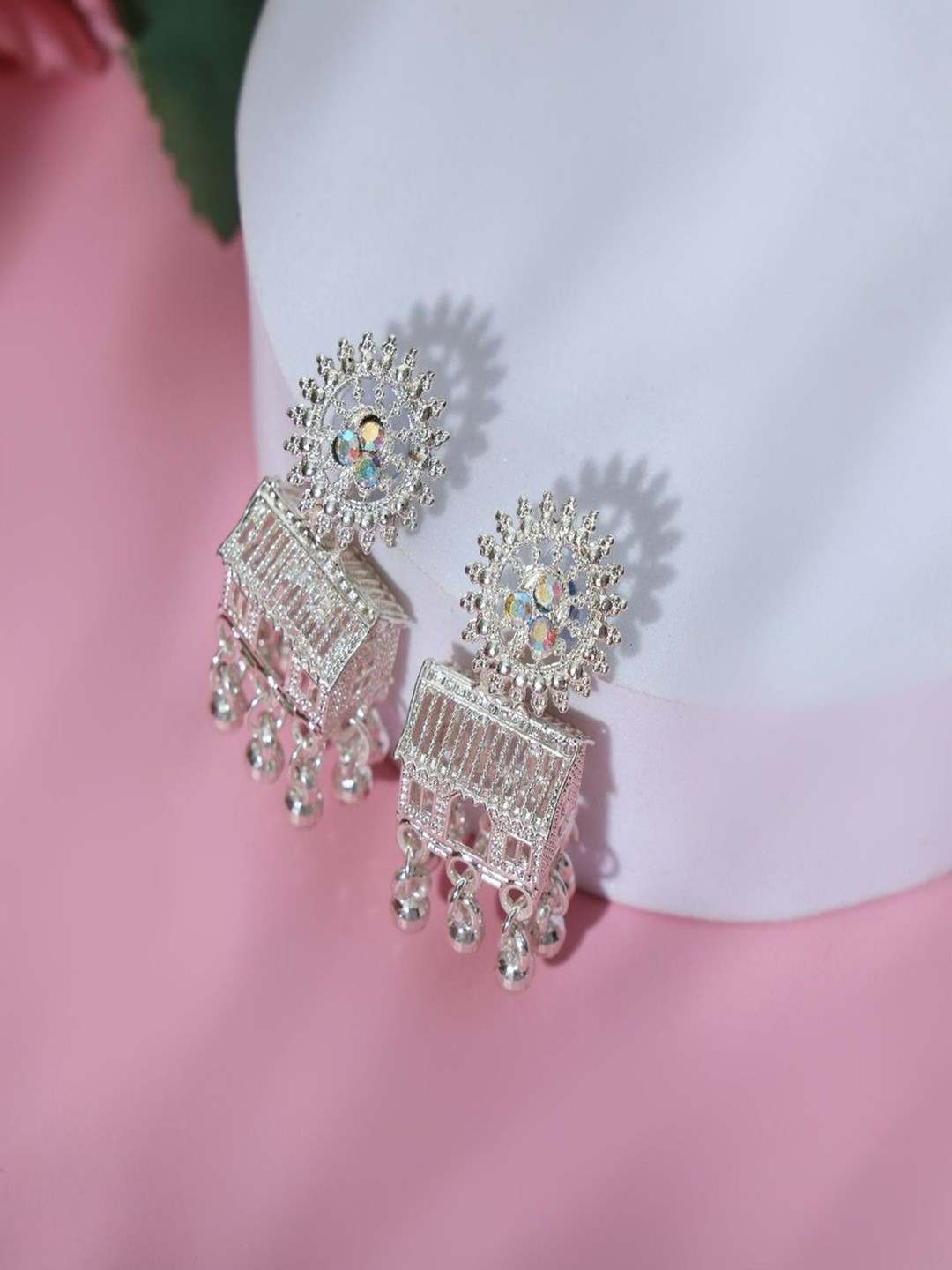 MoKo Silver-Plated Artificial Stones Studded & Beaded Dome Shaped Jhumkas