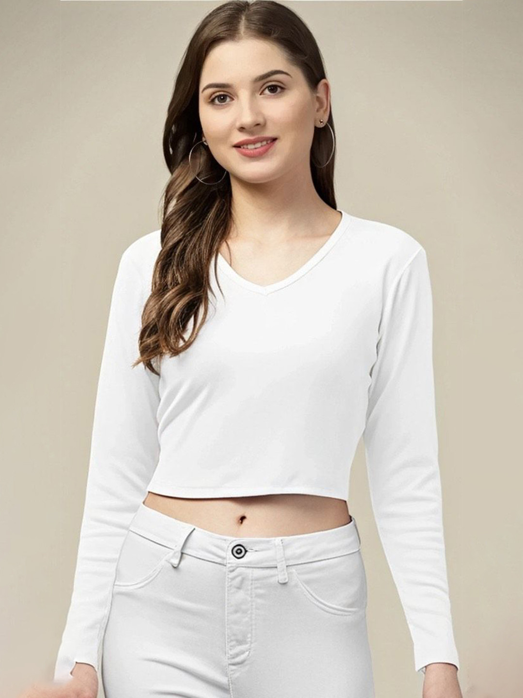 Velintis White V-Neck Long Sleeve Crop Top