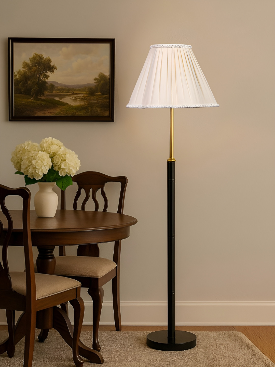 Devansh Off-White & Black Vintage Pleated Cotton Shade With Wooden Base Floor Lamp