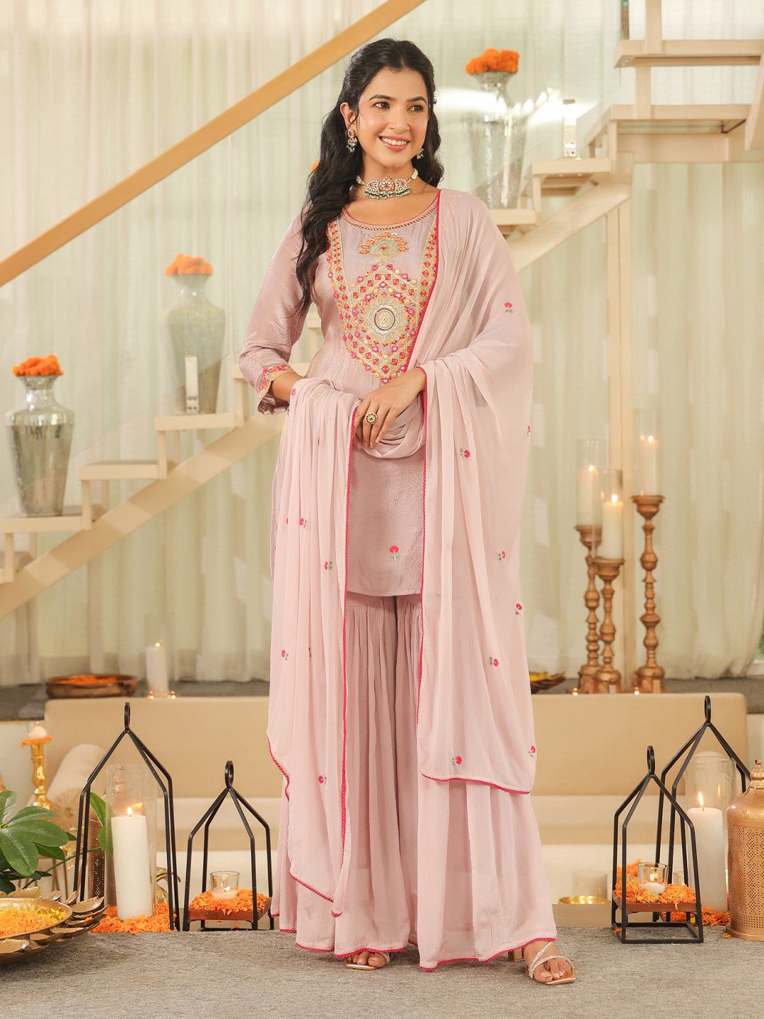 SCAKHI Women Geometric Embroidered Shimmer Tissue Sharara Kurta & Sharara With Dupatta