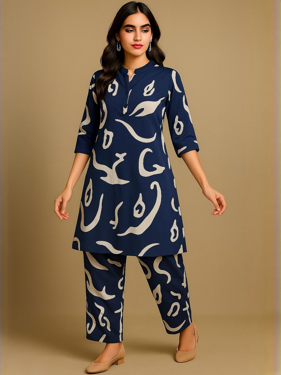 Blue Printed Rayon Mandarin Collar Co-Ord Set