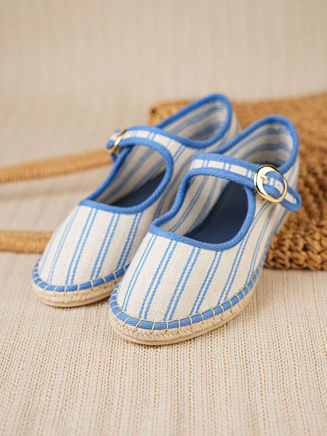 Theater Women Aragon Blue Stripes Mary Jane Canvas Flats