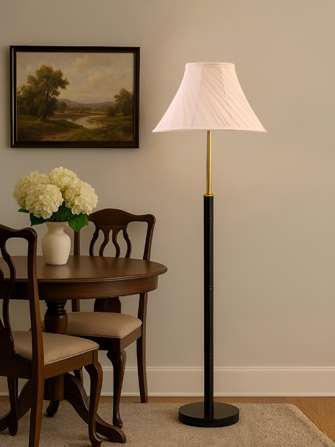 Devansh Off-White & Black Cross Pleated Cotton Shade With Wooden Base Floor Lamp