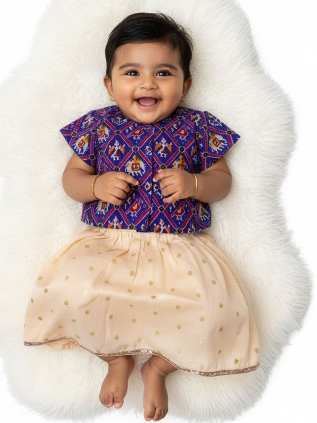 Sangria Girls Off White Zari Lehenga and Blue Patola Choli Set