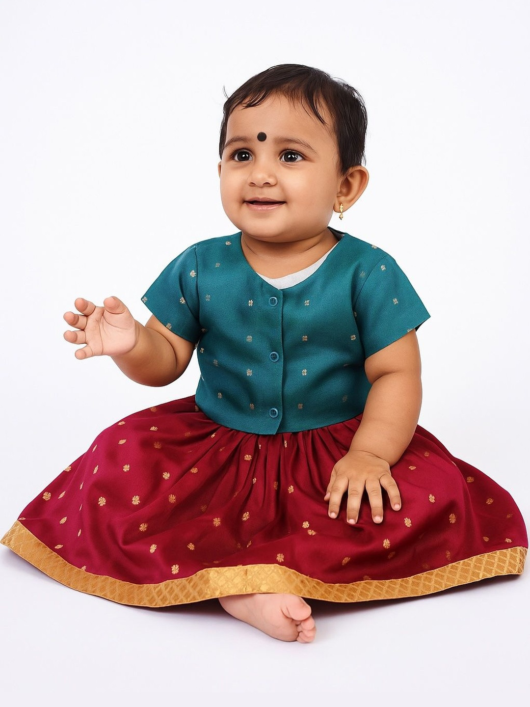 Sangria Girls Maroon Zari Lehenga and Peacock Green Blouse Lehenga Set