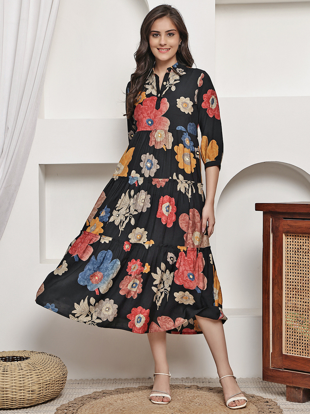Claura Women Black Floral Printed Fit-Flare Silk Dress