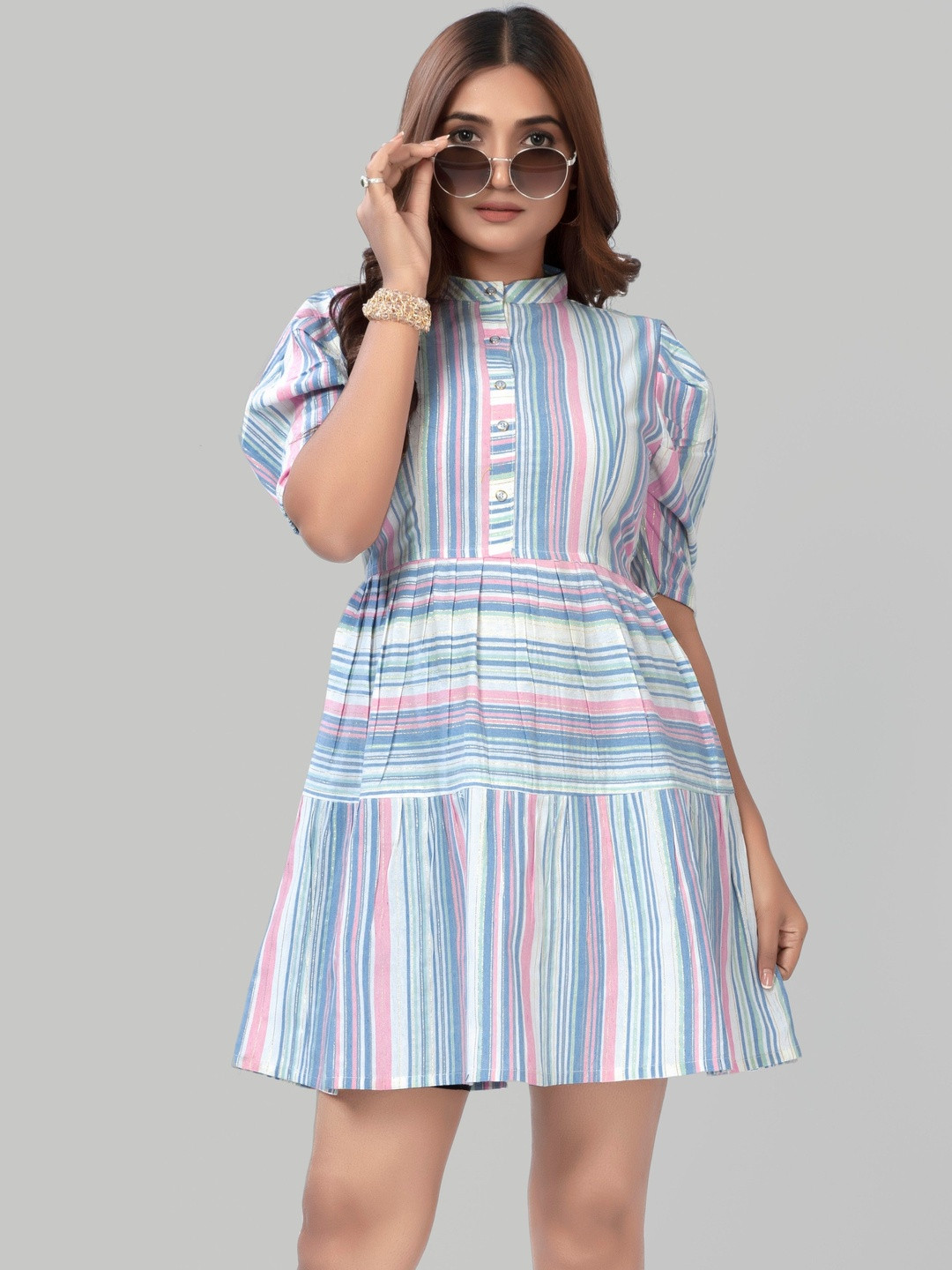 HIALTO Women Striped Puff Sleeve Fit & Flare Dress