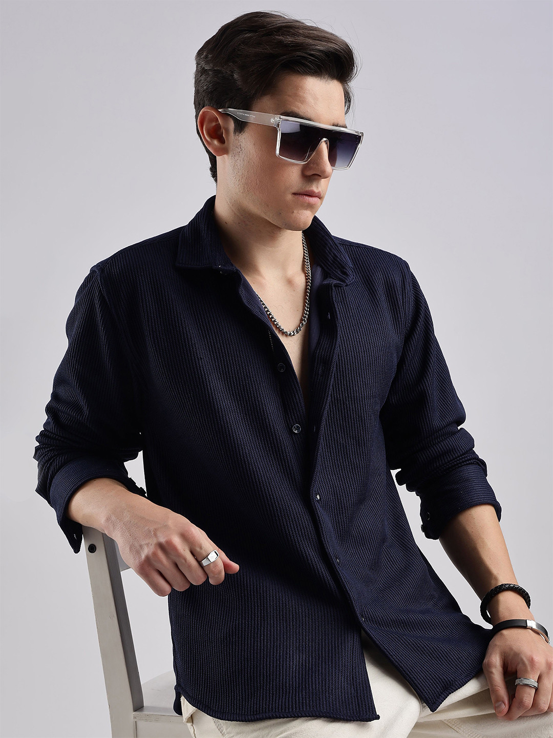 NEVER NEUD Men Knitted TXO Striped Regular Slim Fit Casual Shirt