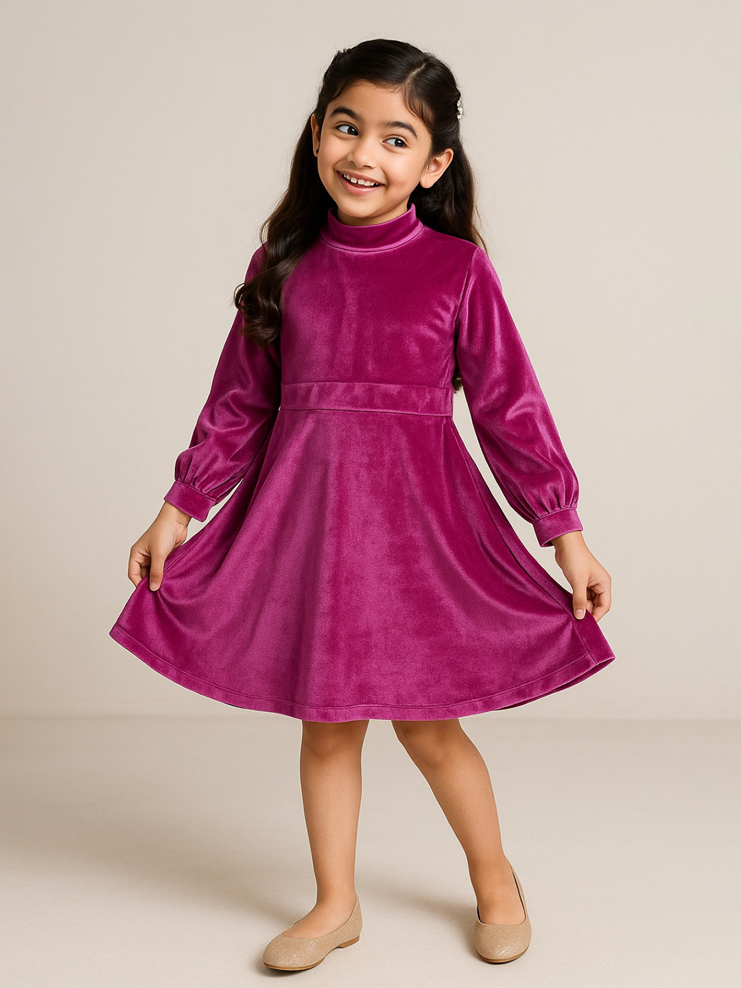 TALES & STORIES Girls Pink High Neck Long Sleeves Fit & Flare Dress