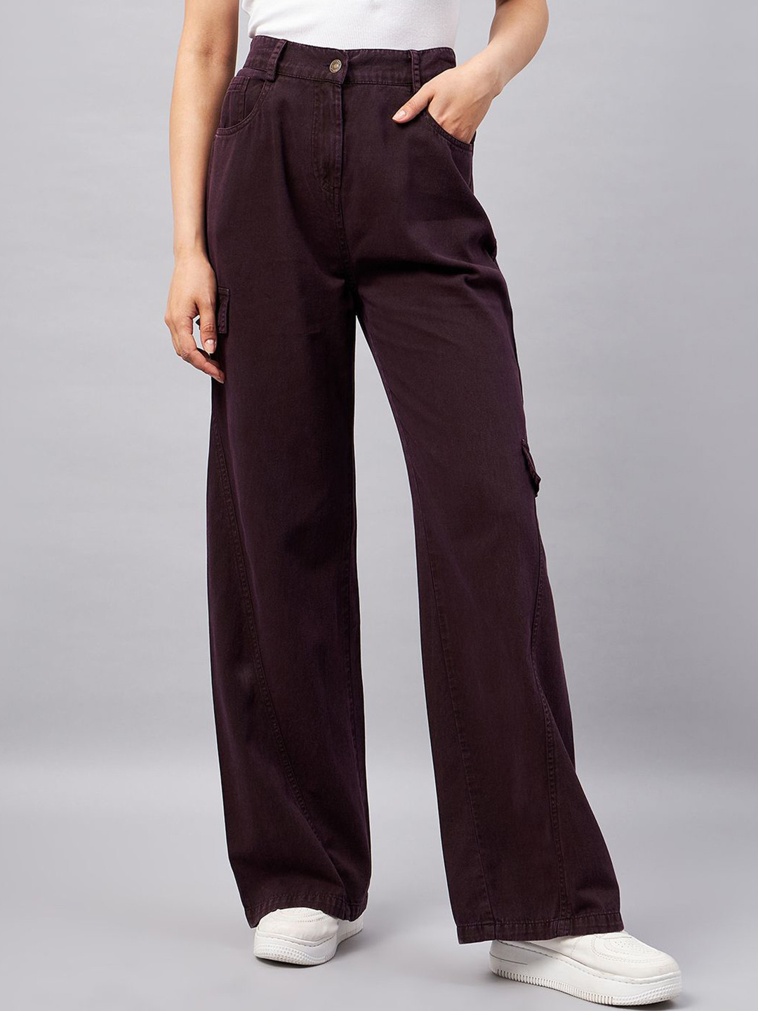 R.Code by The Roadster Life Co. Women Flared High-Rise Washed Cargo Styles Jeans