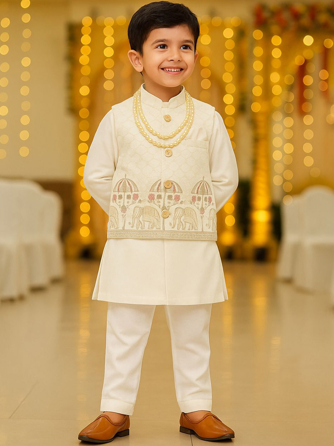 Kidbea Boys Ethnic Motifs Embroidered Mandarin Collar Kurta with Pyjamas & Nehru Jacket