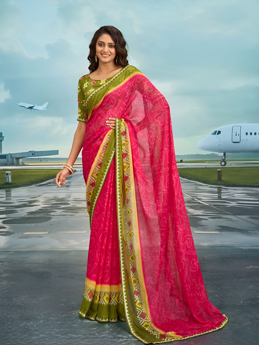 Laxmipati Raadhika Ethnic Motifs Ikat Printed Chiffon Saree With Blouse Piece