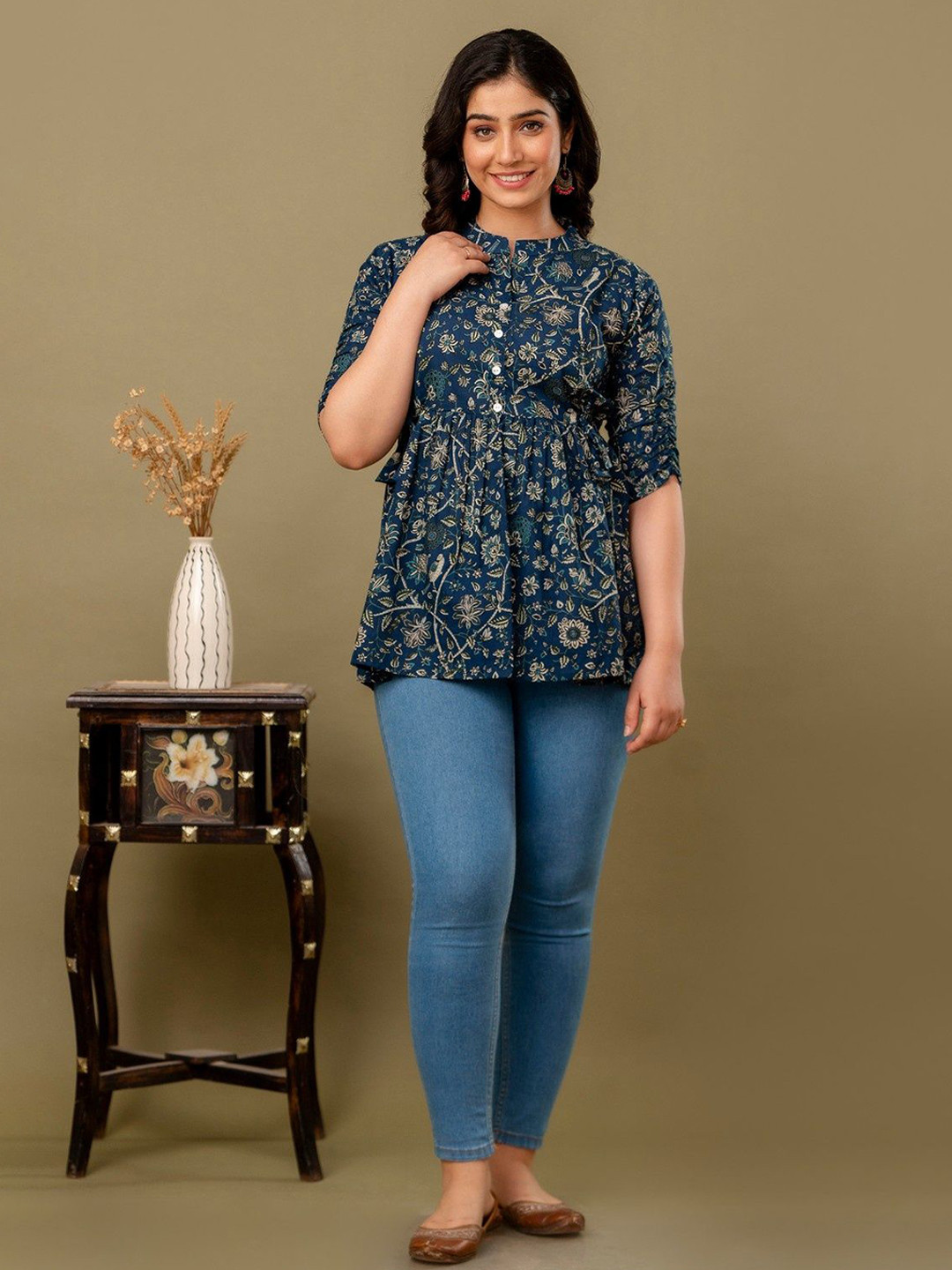 FASHION SWAG Ethnic Motifs Printed Mandarin Collar Cotton Peplum Top