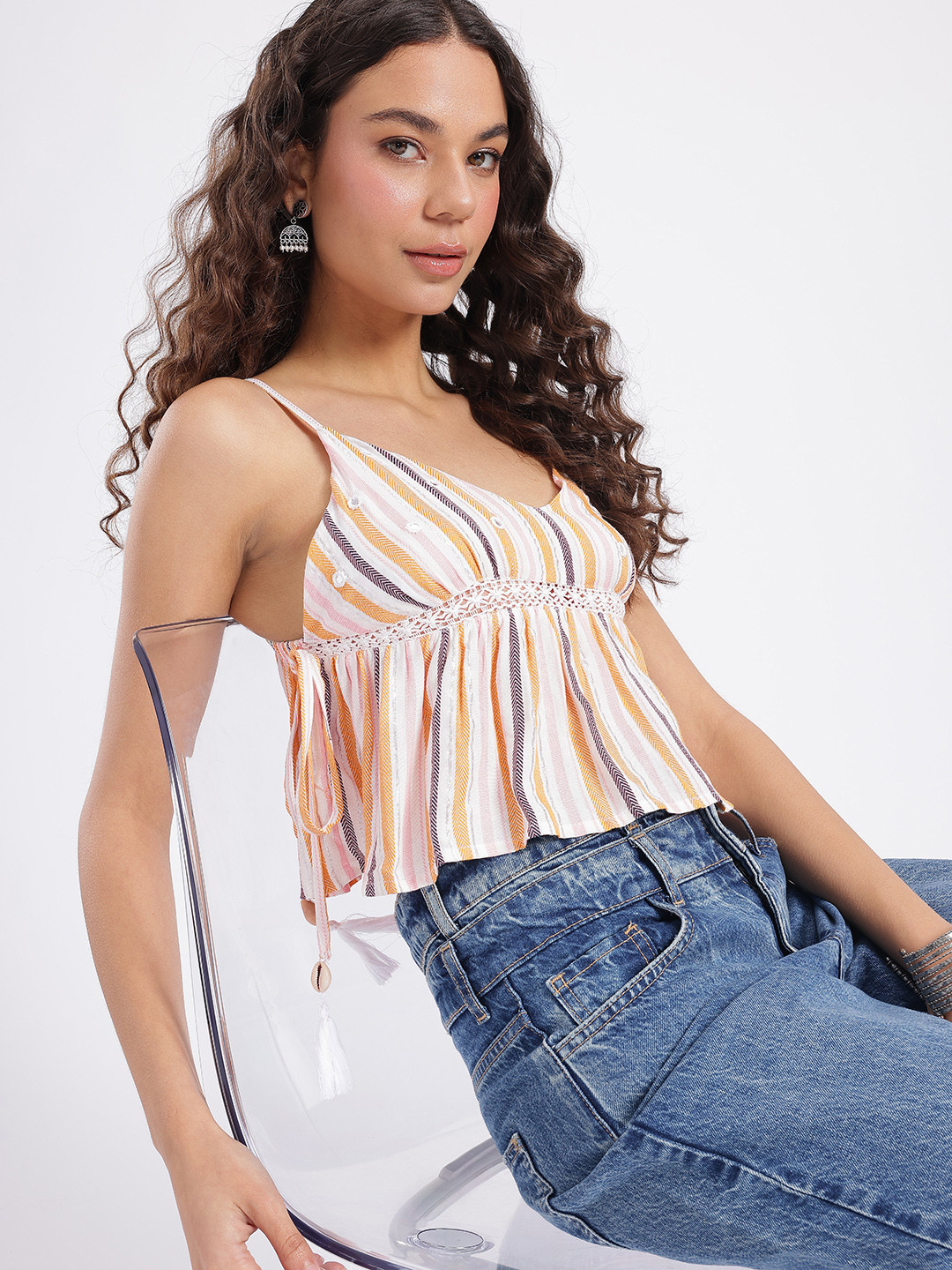 glitchez Self Design Striped Mirror Work Empire Crop Top