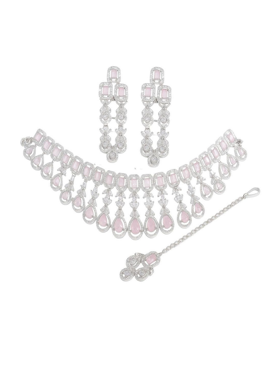 DENICRAAS Women Pink Designer Silver Plated Crystal Necklace Set