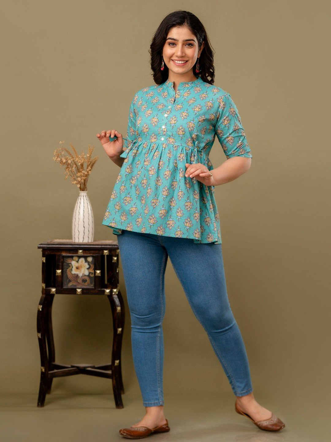 FASHION SWAG Floral Print Mandarin Collar Cotton Flared Top