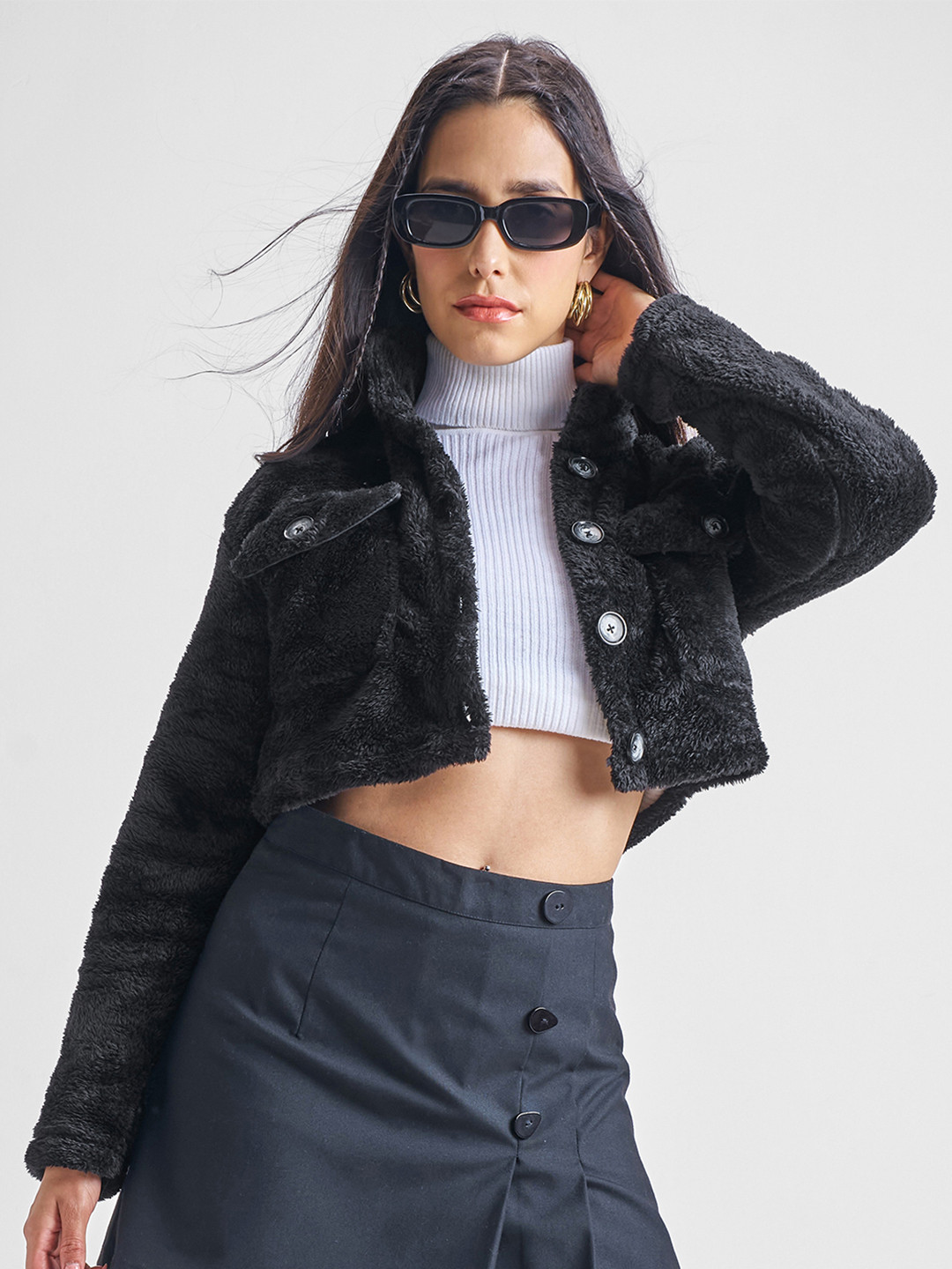 Tokyo Talkies Black Faux Fur Trim Detail Cropped Tailored Jacket