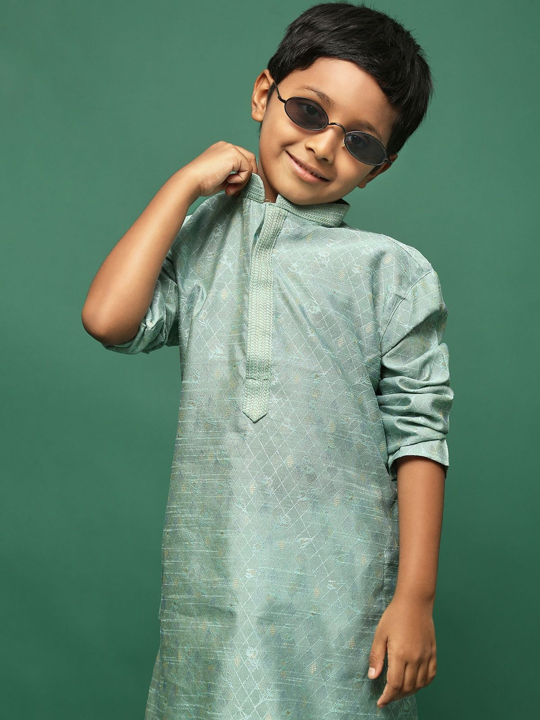Sangria Boys Green Self Design Kurta With Salwar