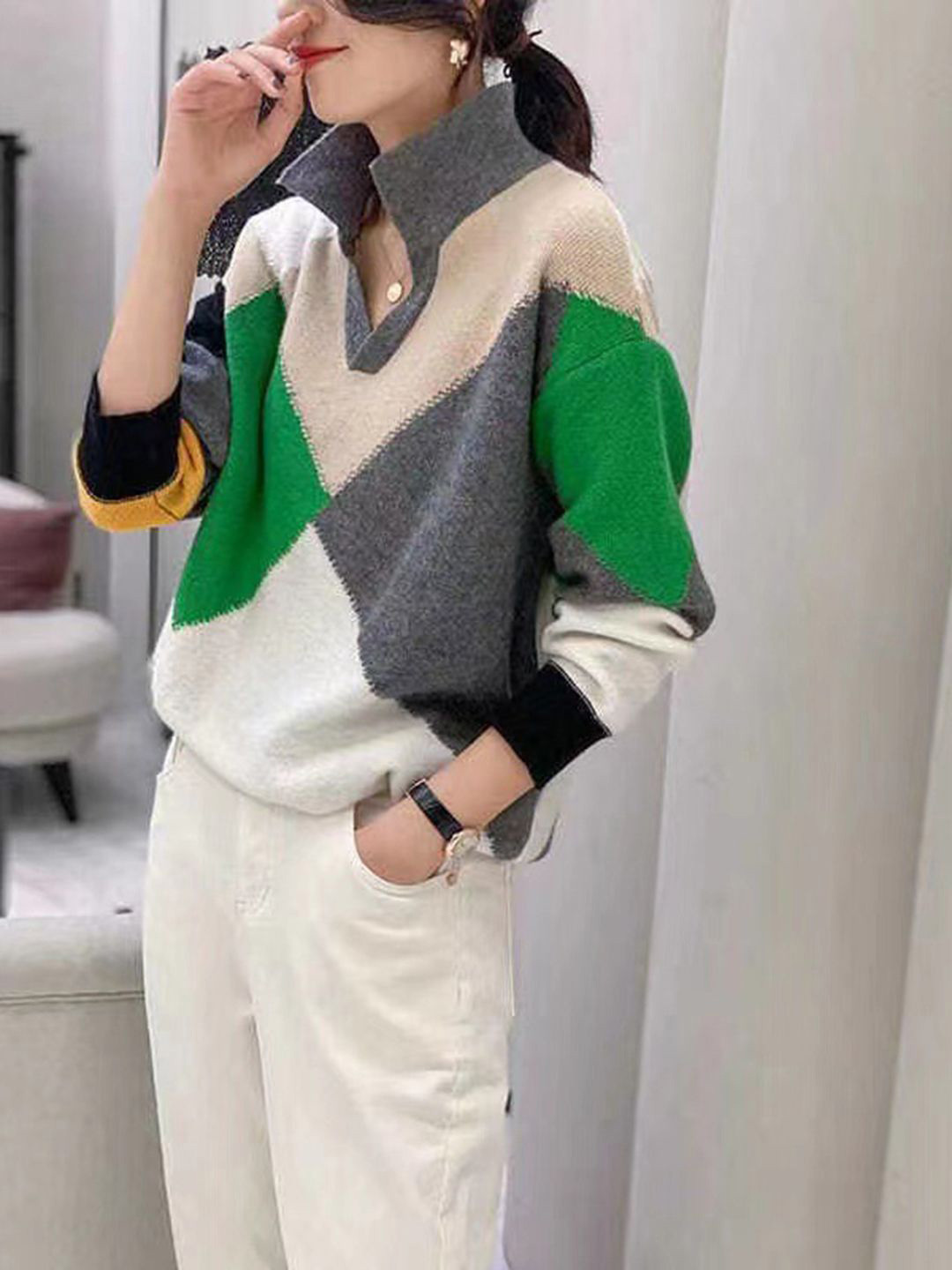 StyleCast Women Argyle Colourblocked Mock Collar Pullover