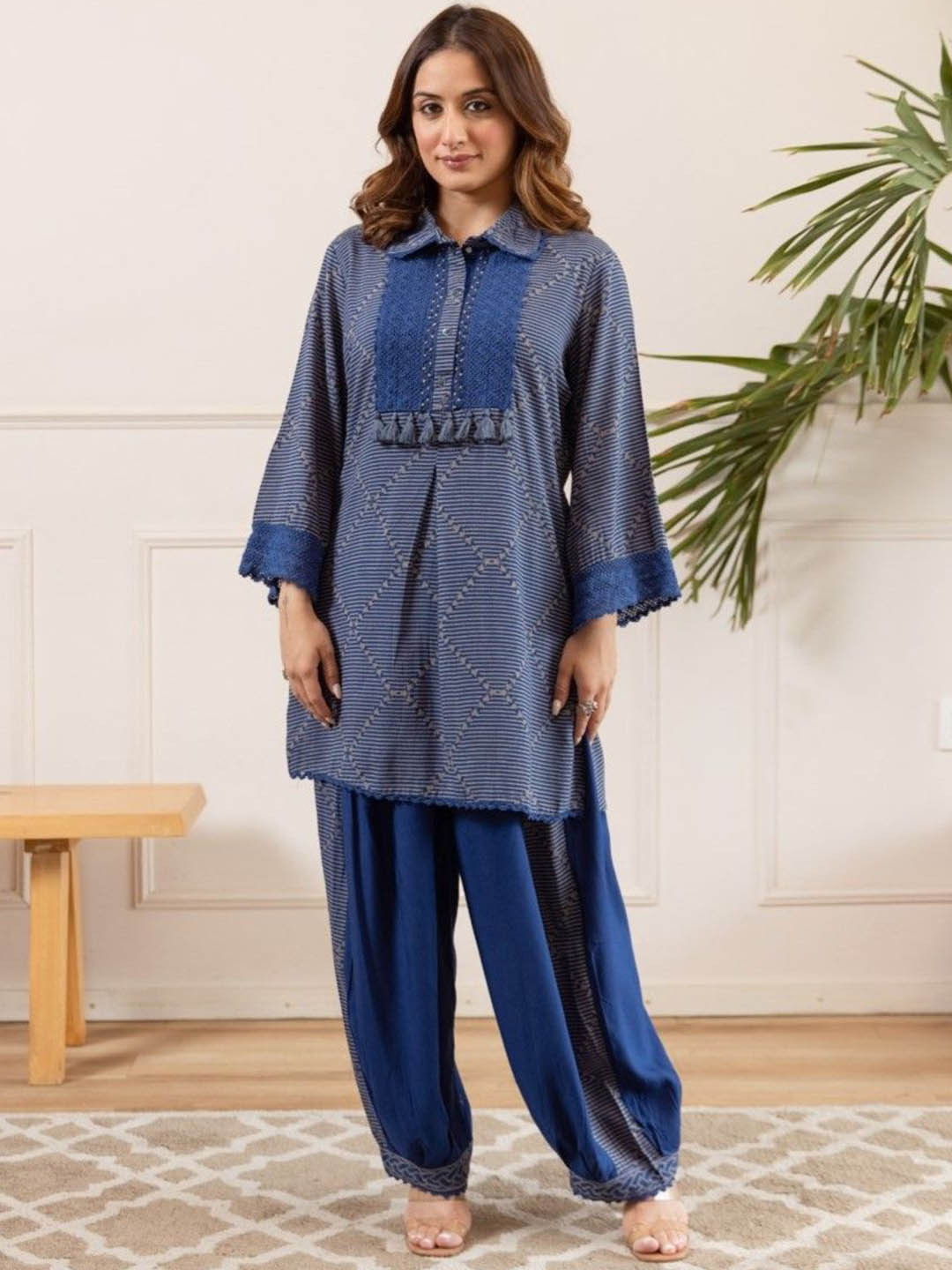 AUTUMN LANE Stravi Cobalt Printed Shirt Collar Top With Trousers Co-Ords