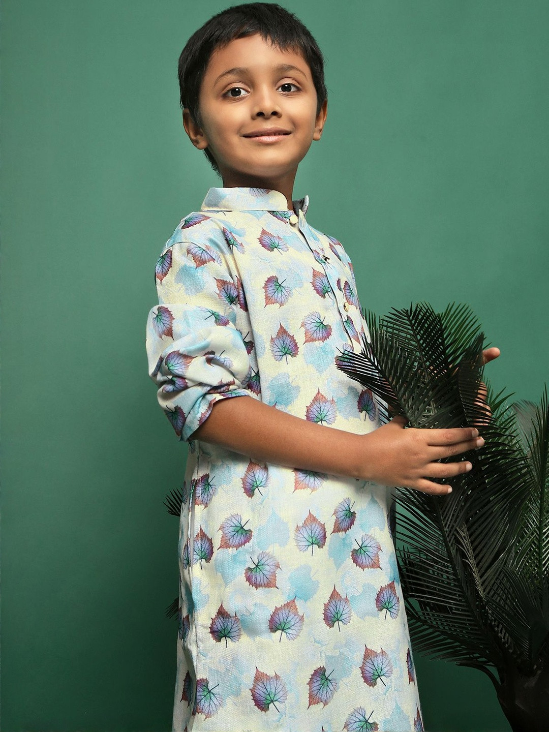 Sangria Boys Sky Blue Leaf Printed Cotton Ethnic Kurta