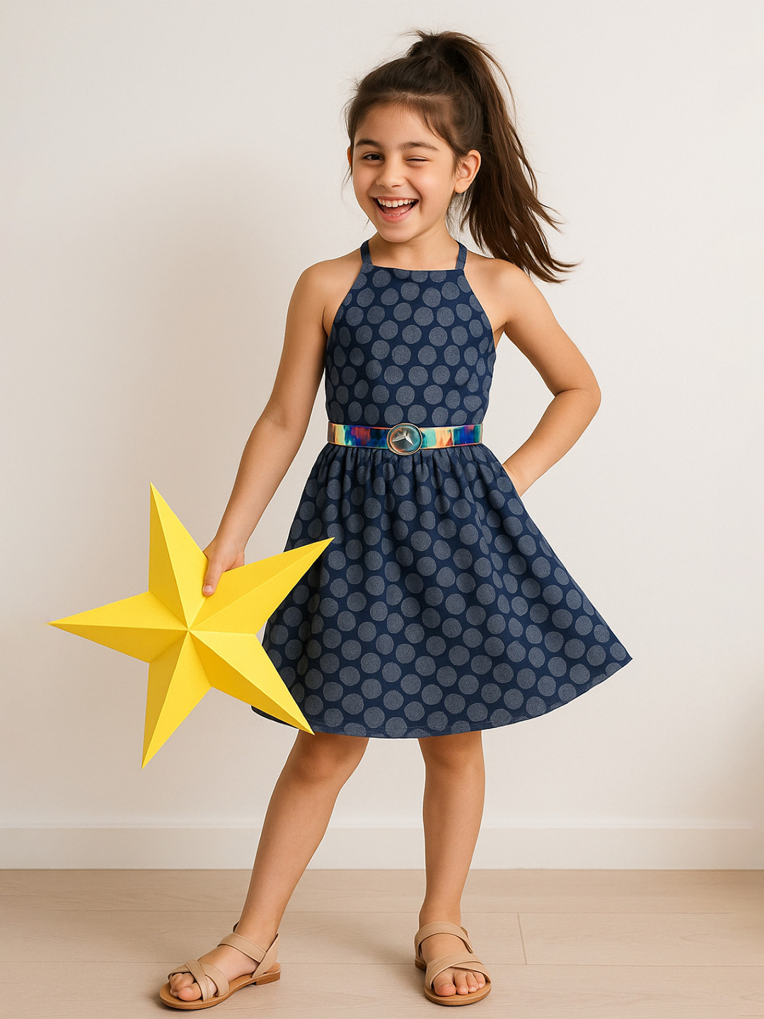 TALES & STORIES Girls Blue Geometric Printed Cotton Fit & Flare Dress