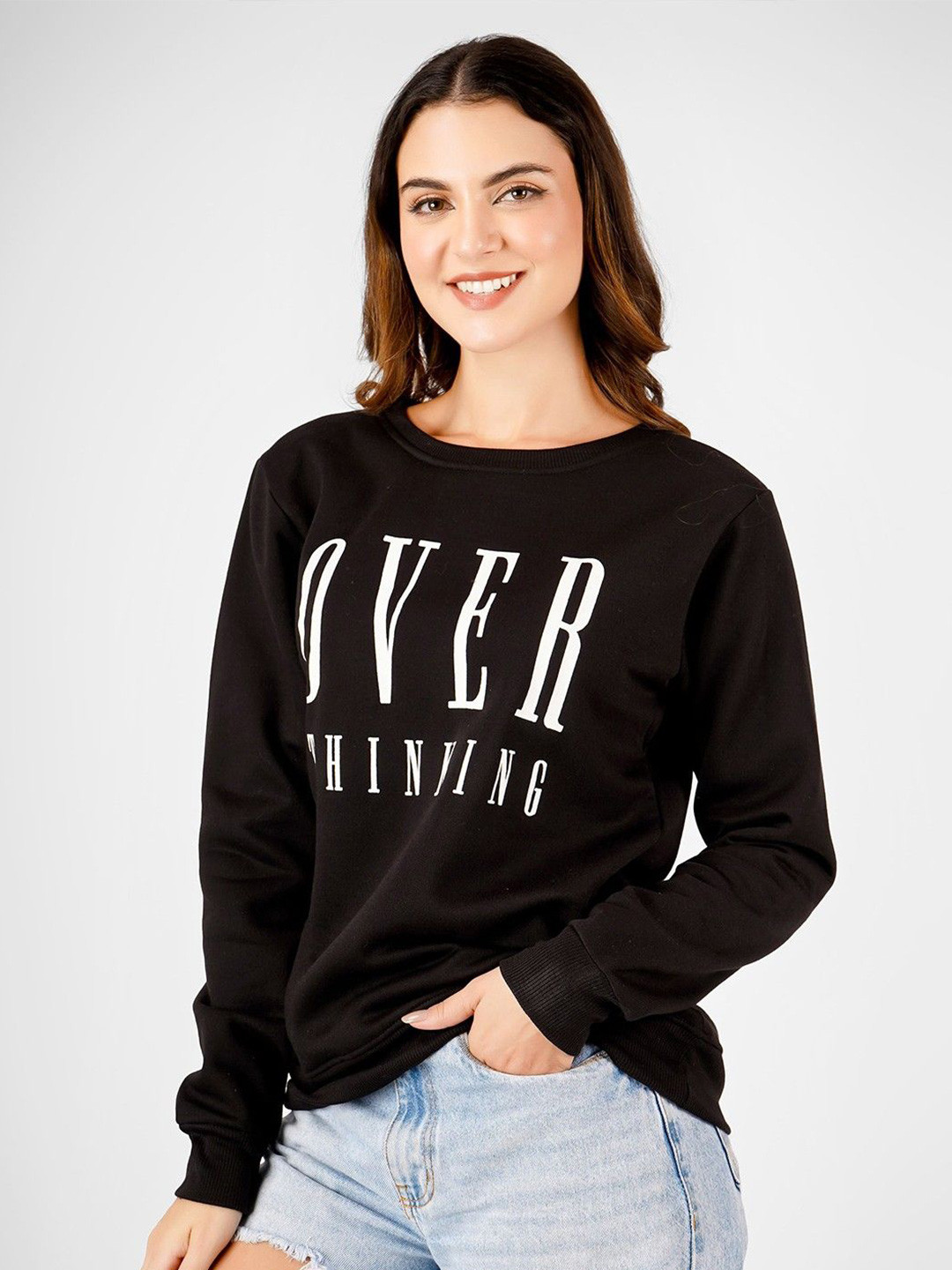 MIMID Women Round Neck Cotton Typography Printed Black Sweatshirt