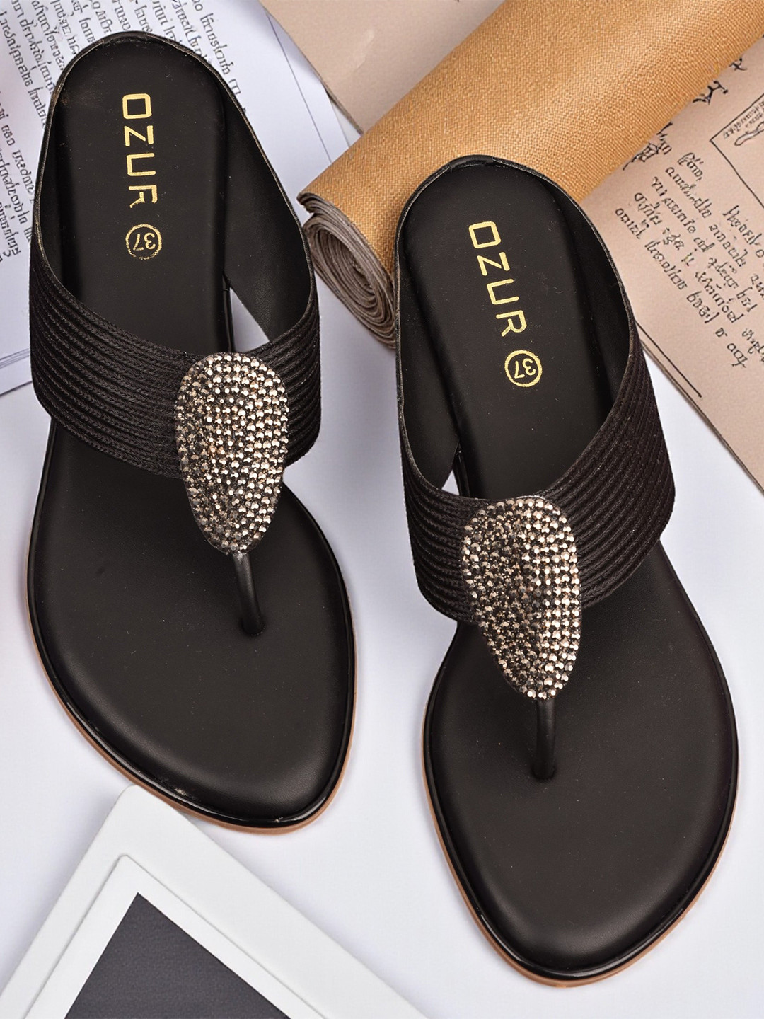 Ozuri Women 10587 Embellished T-Strap Flats